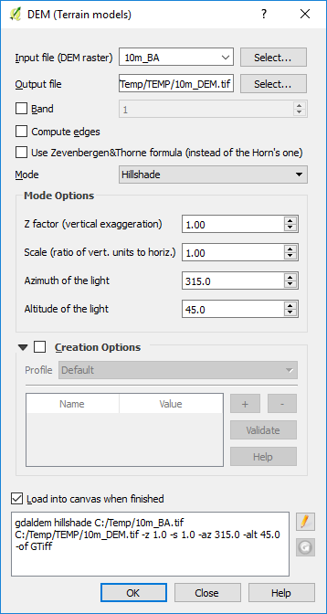 Hillshade DEM Creation Settings