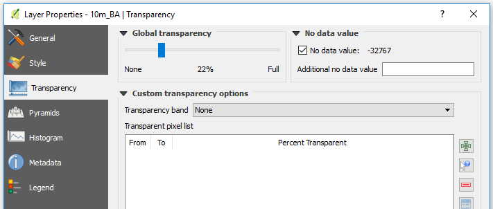 Pseudo Coloured DEM Settings Transparency