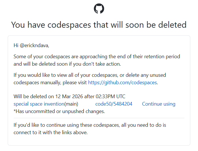 Codespace will expire